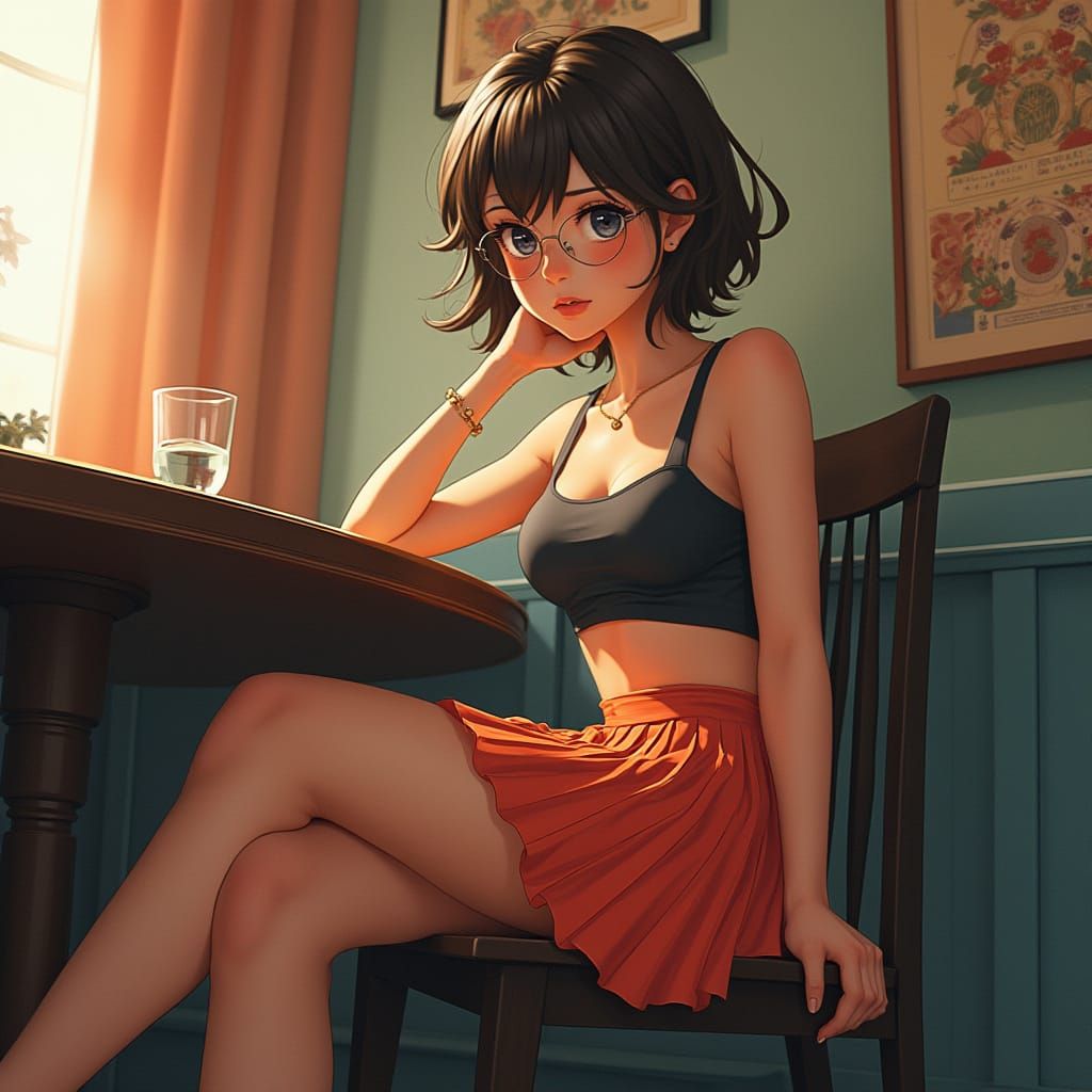 Young Man in Pleated Skirt Sits Under Table