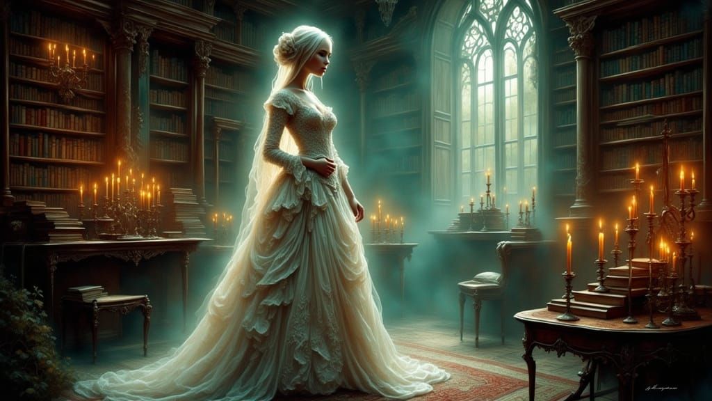 Victorian Woman in Misty Library in Ethereal Realism Style
