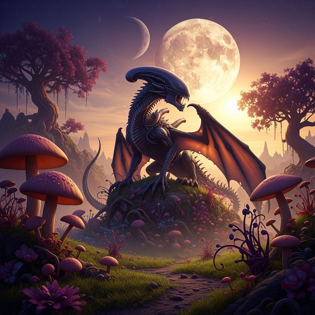 Alien Dragon with Xenomorph Head on Otherworldly Planet