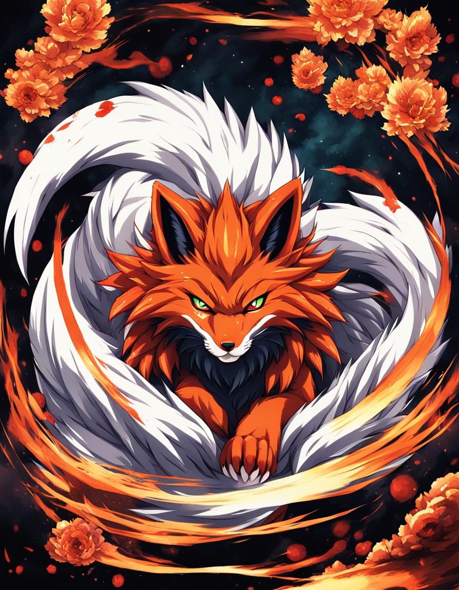 Angry Nine-Tailed Fox Kurama in Anime Style