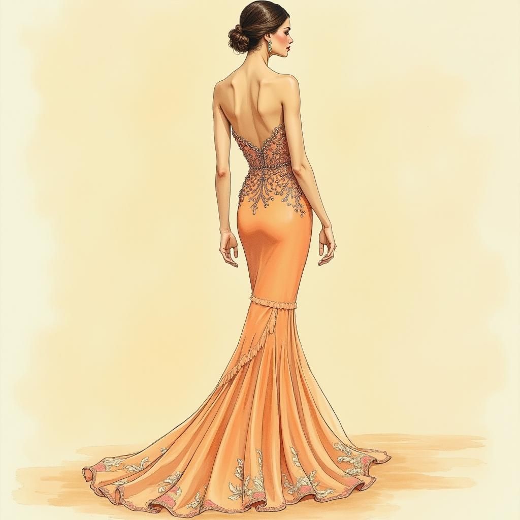 Elegant Model in Couture Dress, Colored Pencil Drawing