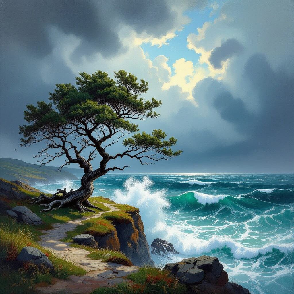Ancient Tree on Stormy Cliff Overlooking Turbulent Sea