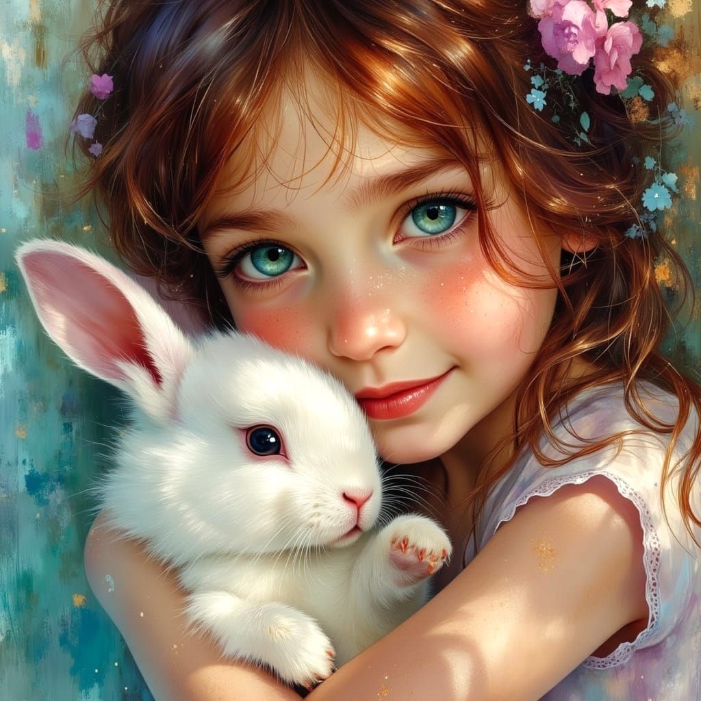 Girl with Rabbit: Colorful Atmospheric Oil Painting