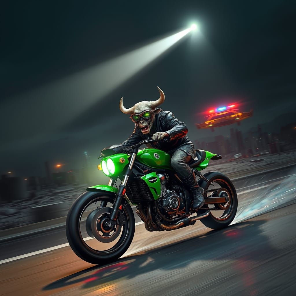 Apocalyptic Zombie Cow Speeds Down Desolate Freeway in Cyber...