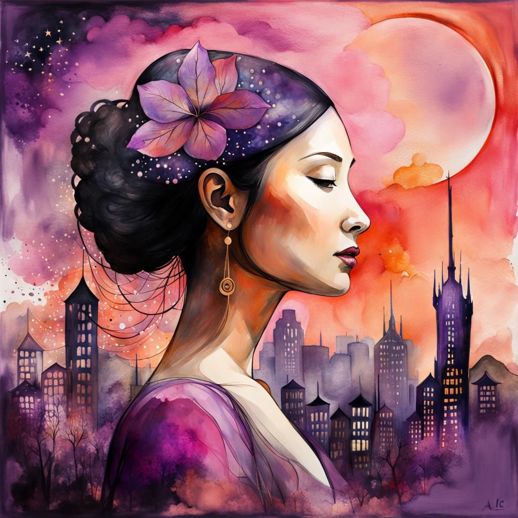 Woman Merging Cityscape in Layered Watercolor Style