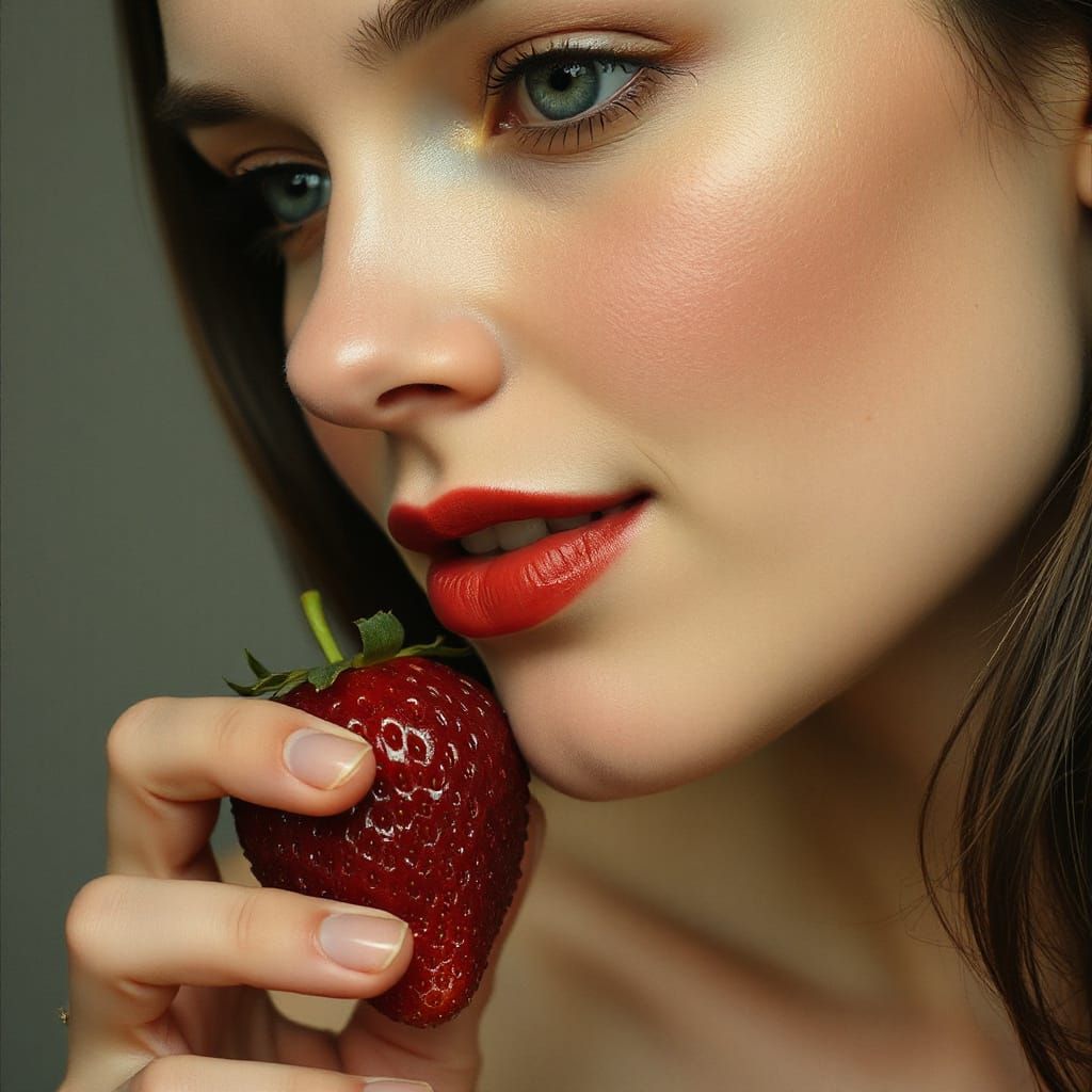 Woman's Lips Hold Strawberry in Dreamy Realism Style