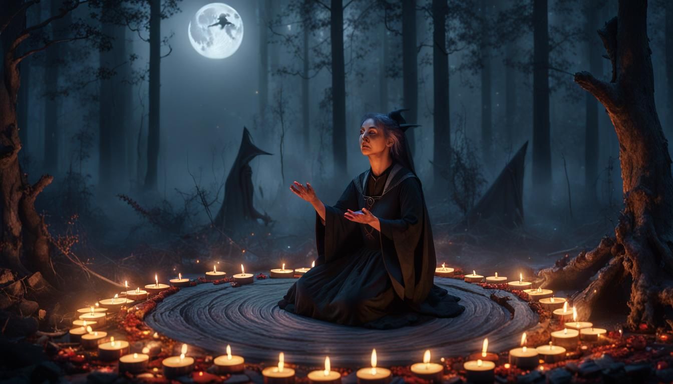 A spell circle surrounded by candles in a clearing in the fo...