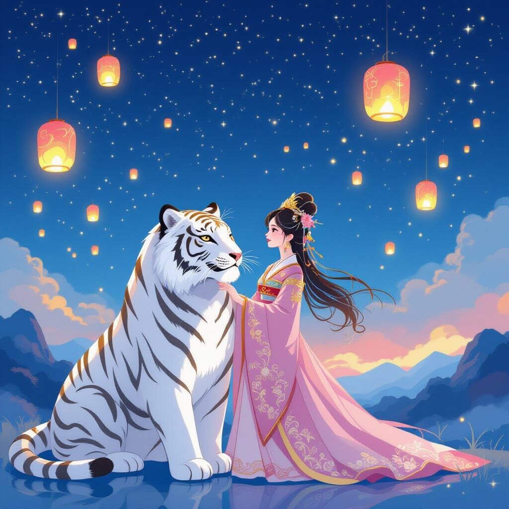 Princess and Tiger Guardian Under Starry Sky