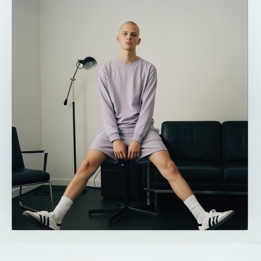 Provocative Male Model in Black Leather Bedroom