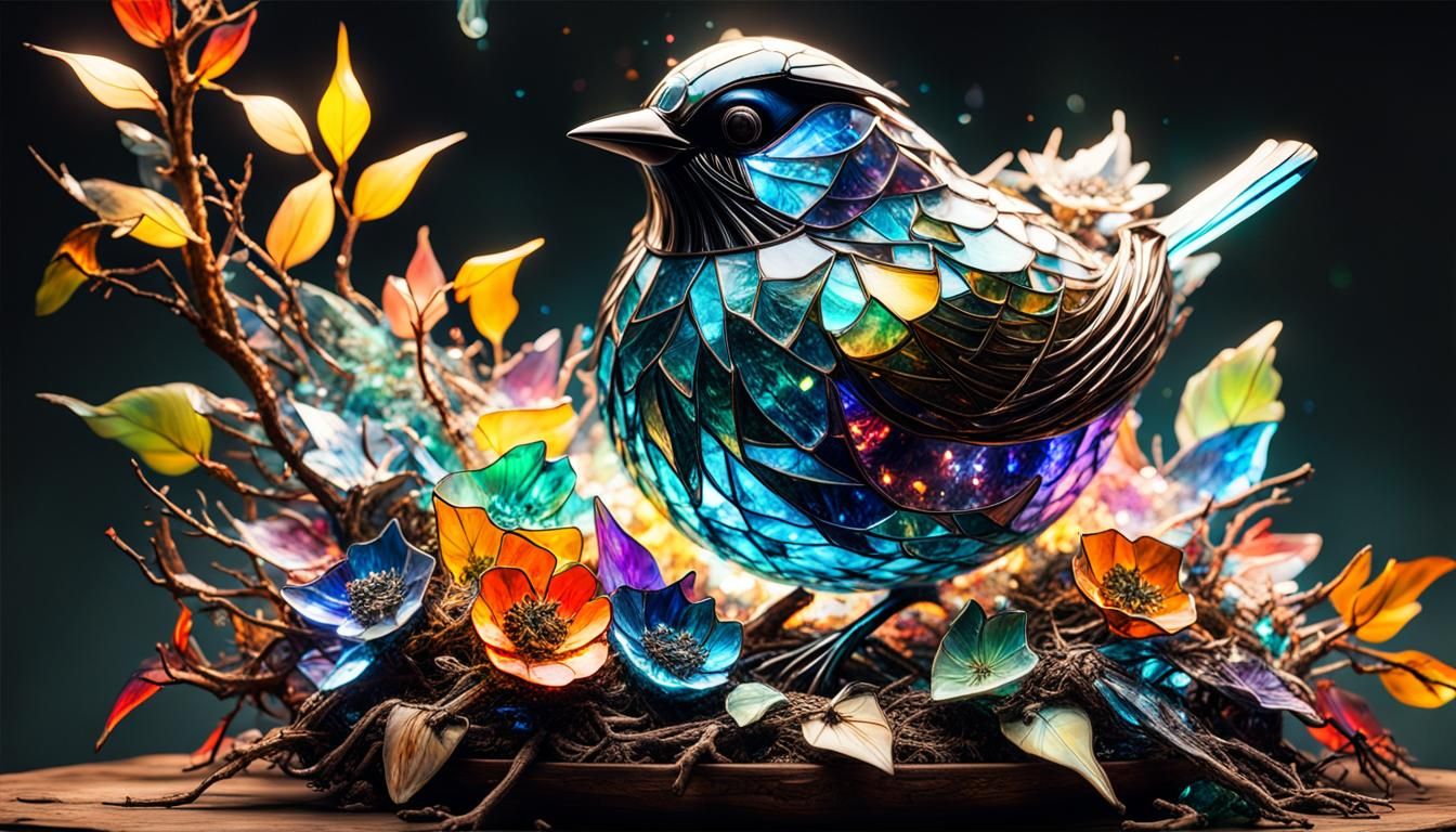 Illuminated Bird with Glass Nest: Fantasycore Artwork