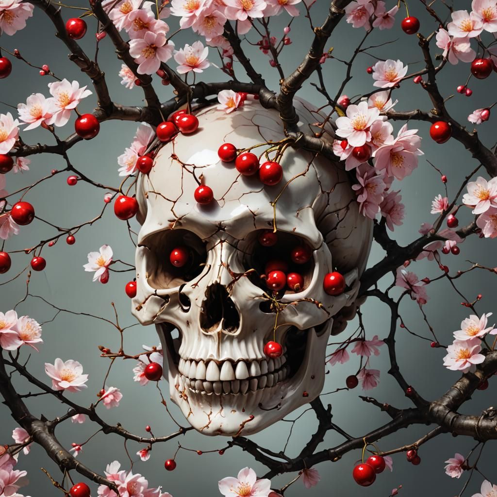 Glassy Cherries Bloom in Kintsugi Skull