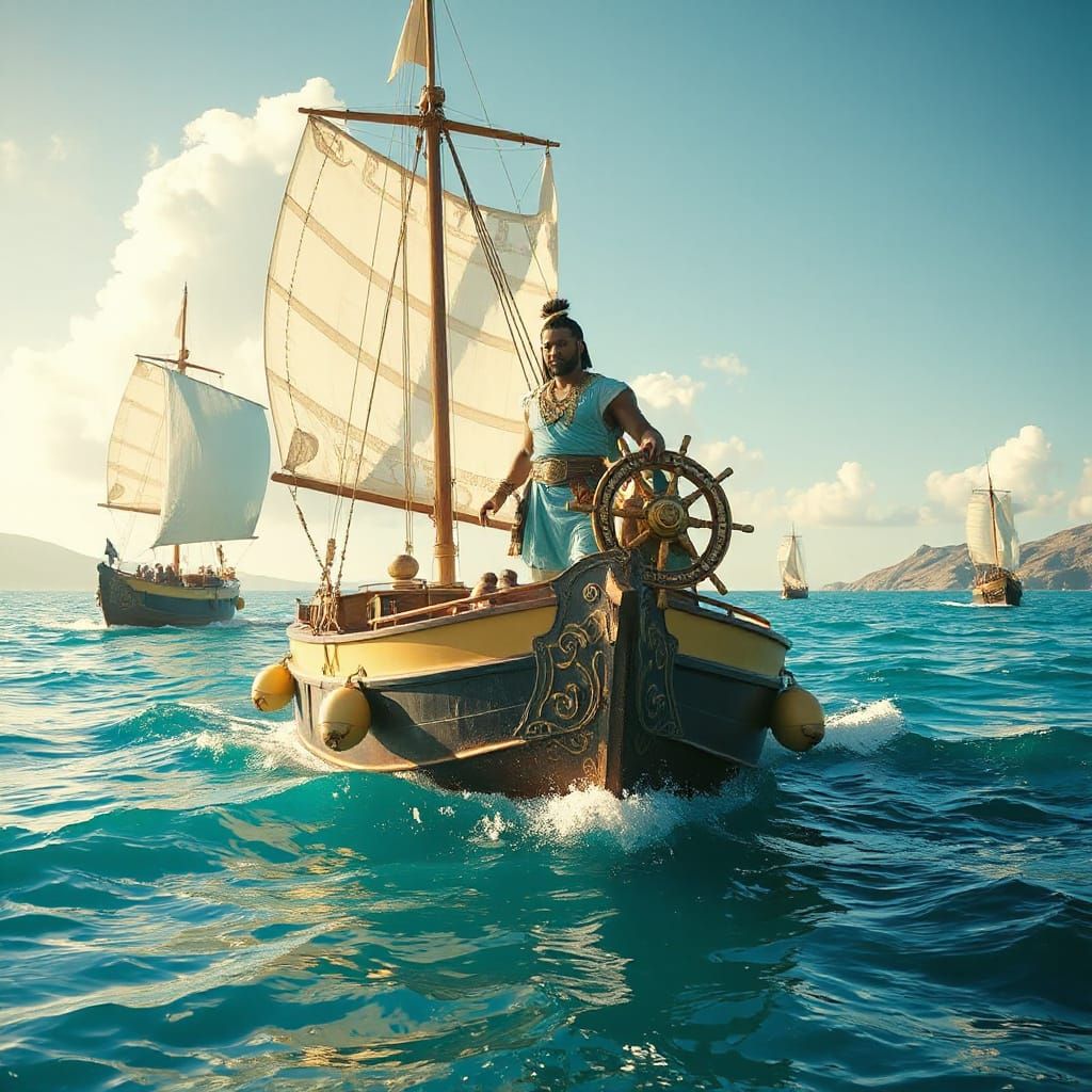 Aeneas Leads Fleet in Greek Boat, Atmospheric Style