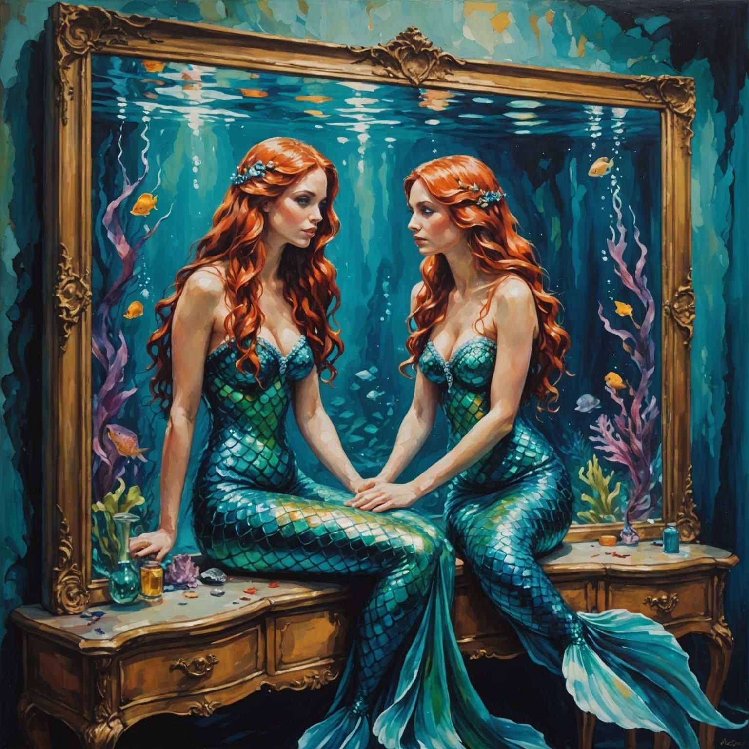 Mermaid in Underwater Dressing Room, an Oil Painting