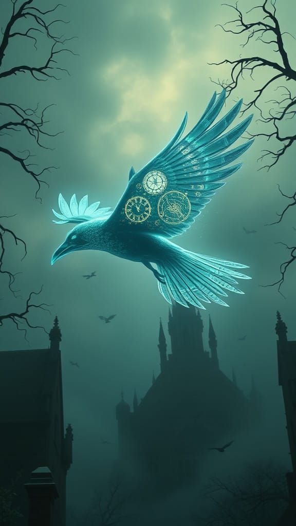Ethereal Raven-Clock Hybrid Soars Through Misty, Abandoned G...