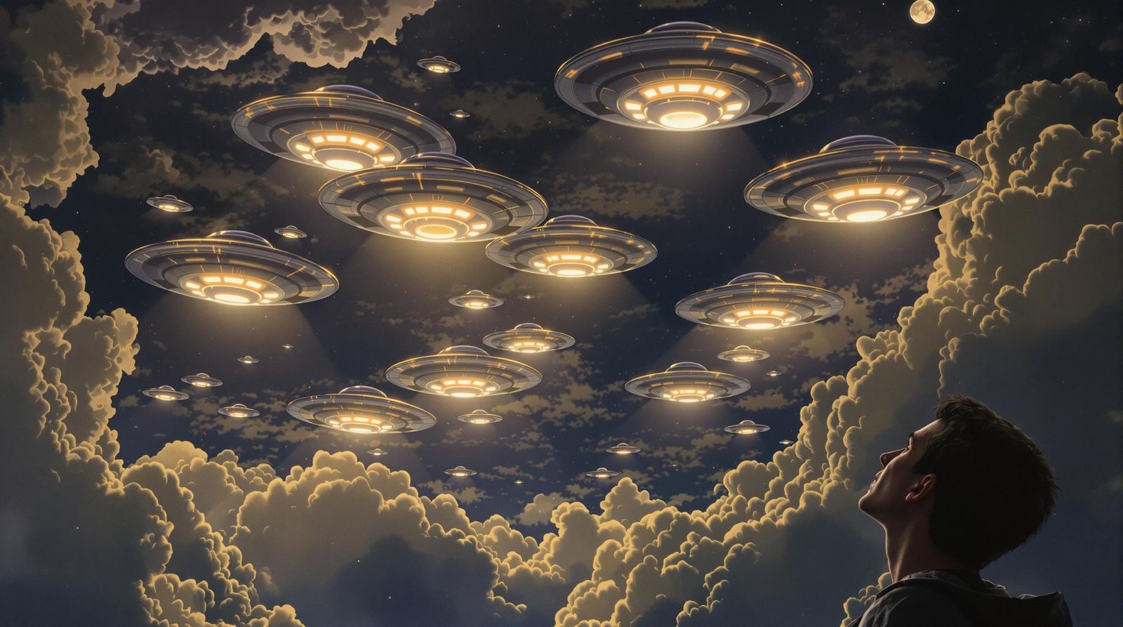 Alien Fleets Soar Through the Moonlit Skies