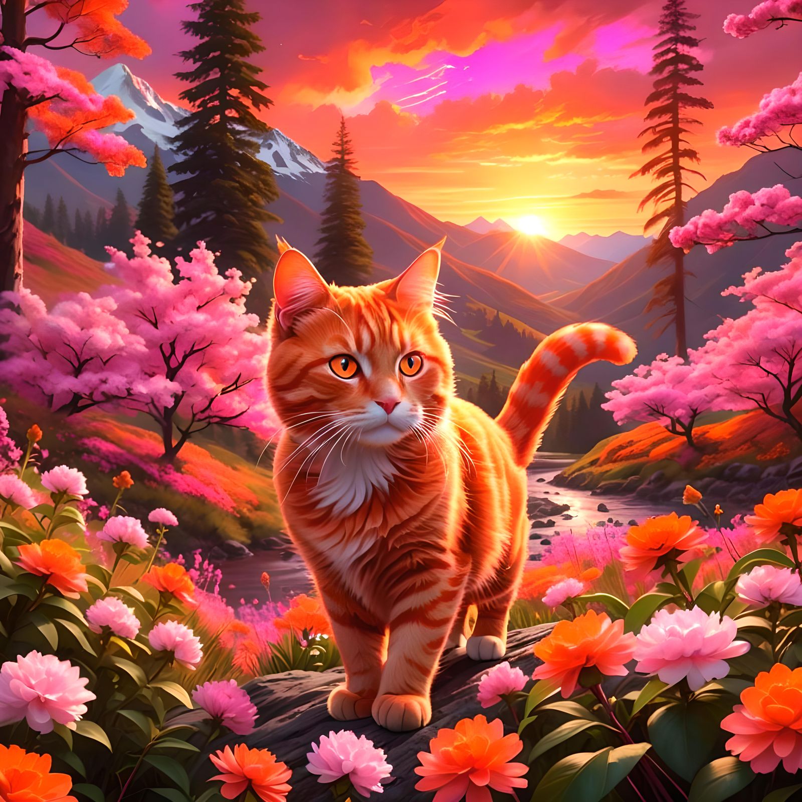 Neon Orange and Pink Cat in Digital Impressionism