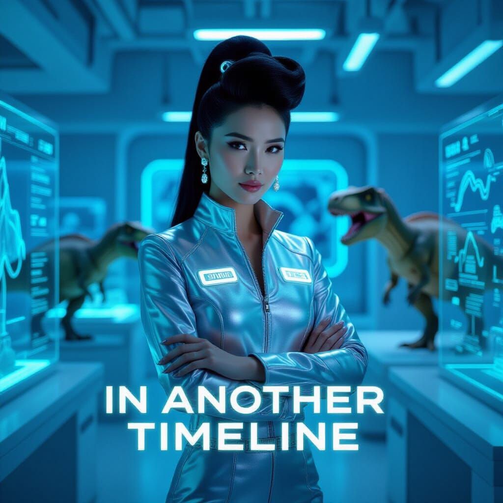 Chinese Woman in Neon Lab With Dinosaurs