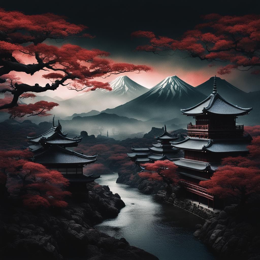 Dark Japanese Fantasy Landscape Illustration