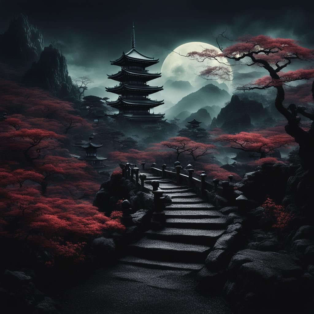 Dark Japanese Magical Fantasy Landscape Illustration