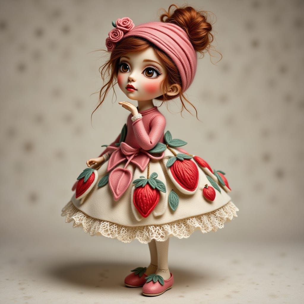 Charming Lenci Felt Doll Girl in Strawberry Tutu
