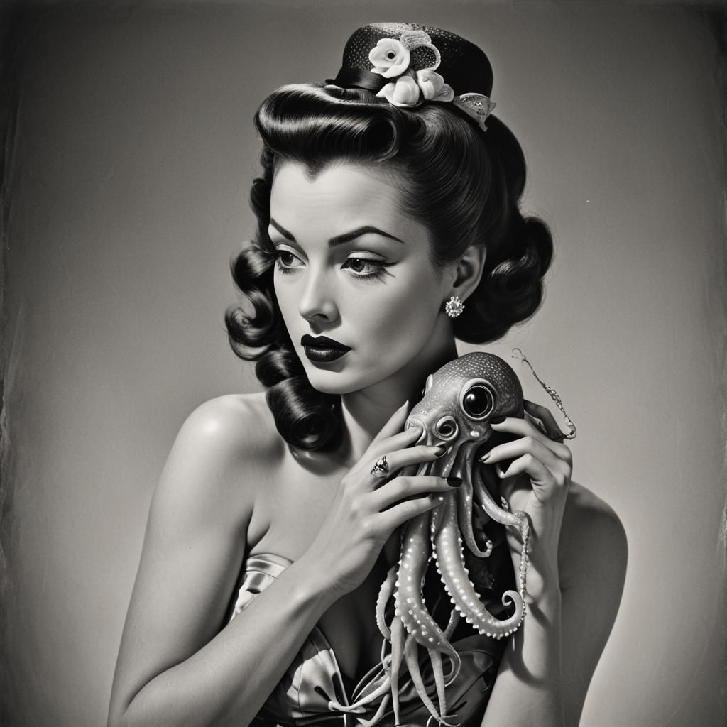 Vintage Pin-Up Model with Tiny Evil Squid