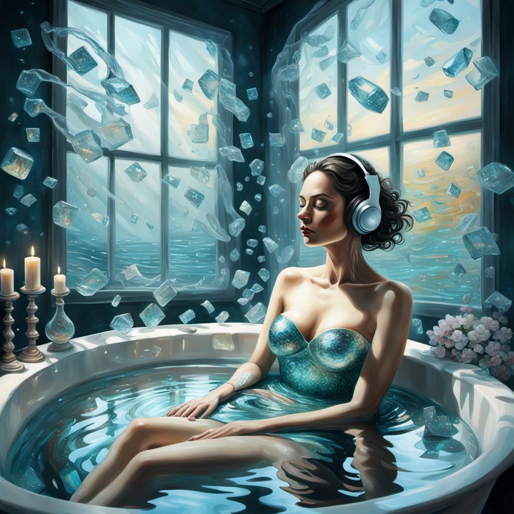 Glass Woman in Bathtub: Hyperrealistic Splash Art