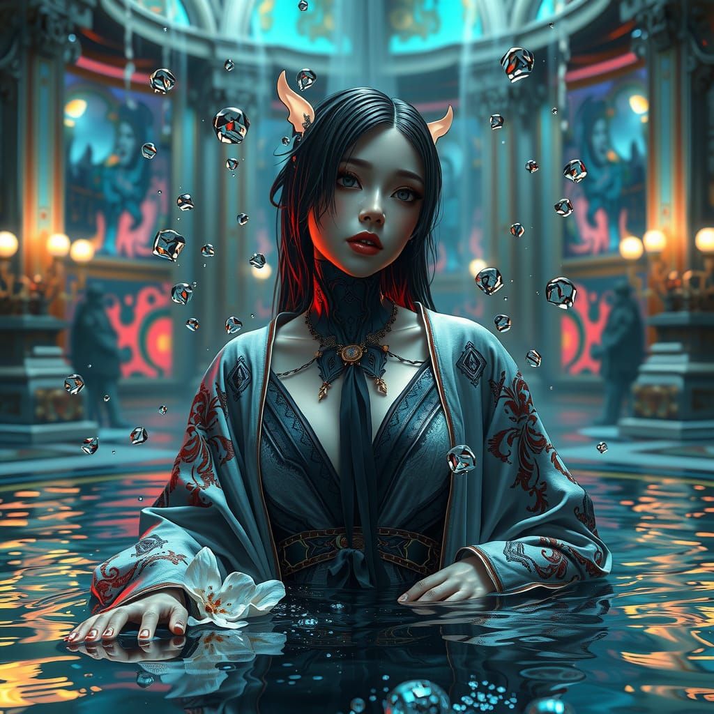 Cyborg Woman in Baroque Fountain, Digital Art
