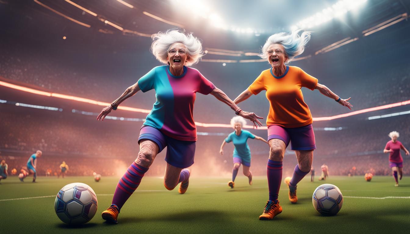 Energetic Grannies Storm Soccer Field in Detailed Matte Pain...