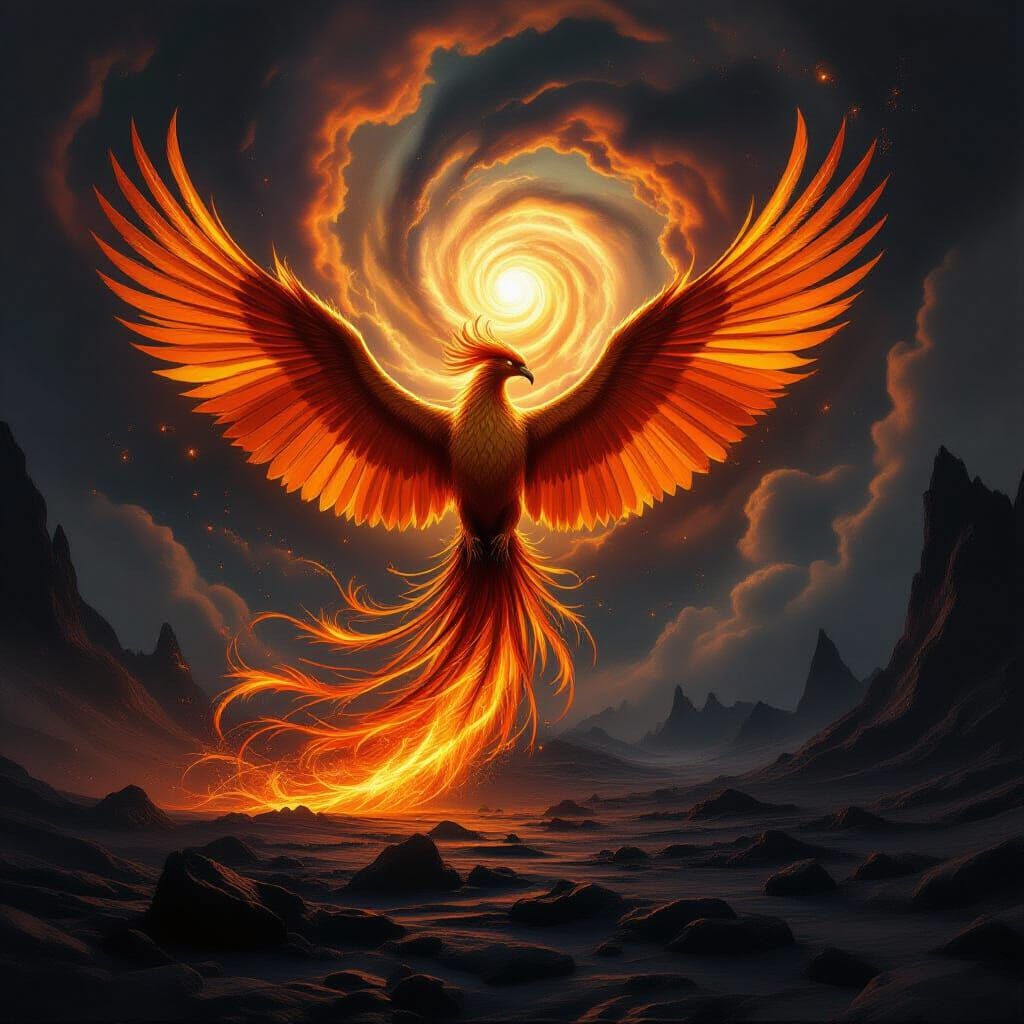 Phoenix Rises From Obsidian Landscape in Cosmic Vortex