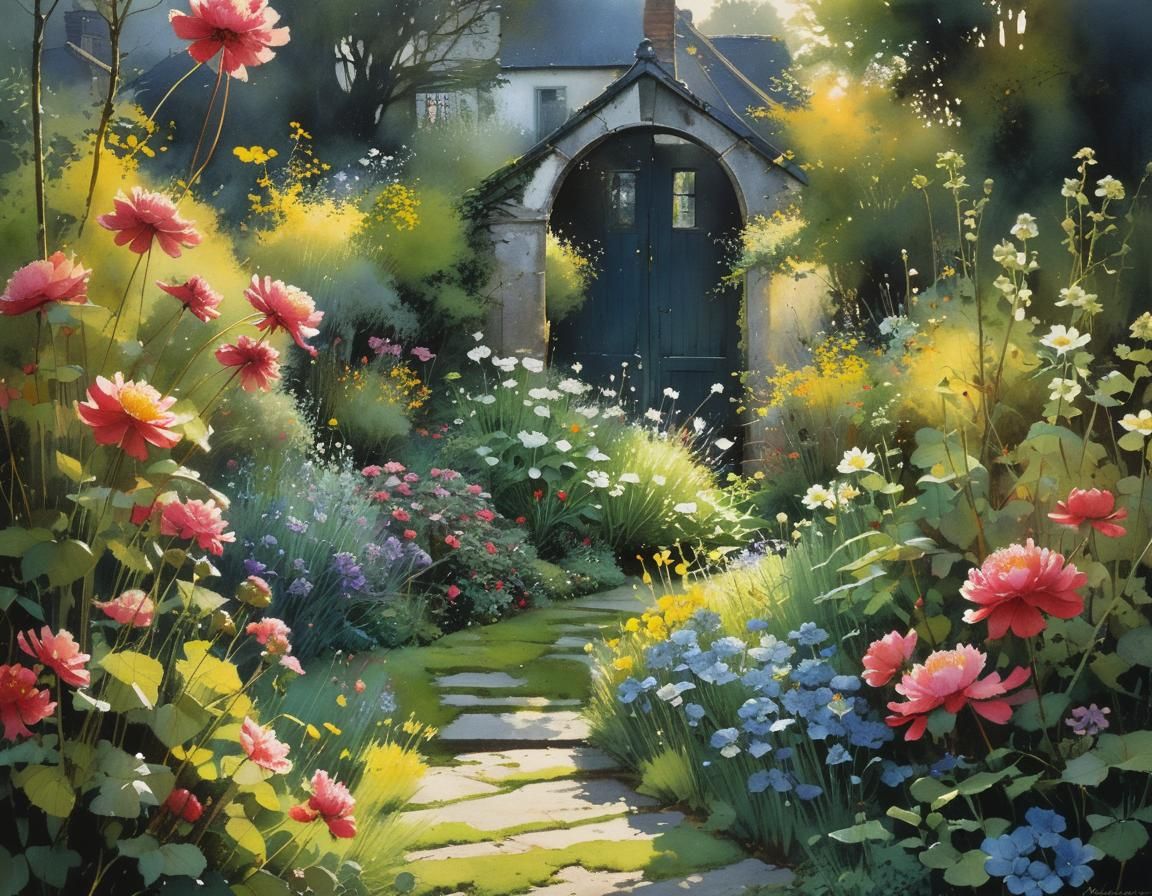 Surreal Garden Oasis Amidst Dark Urban Landscape