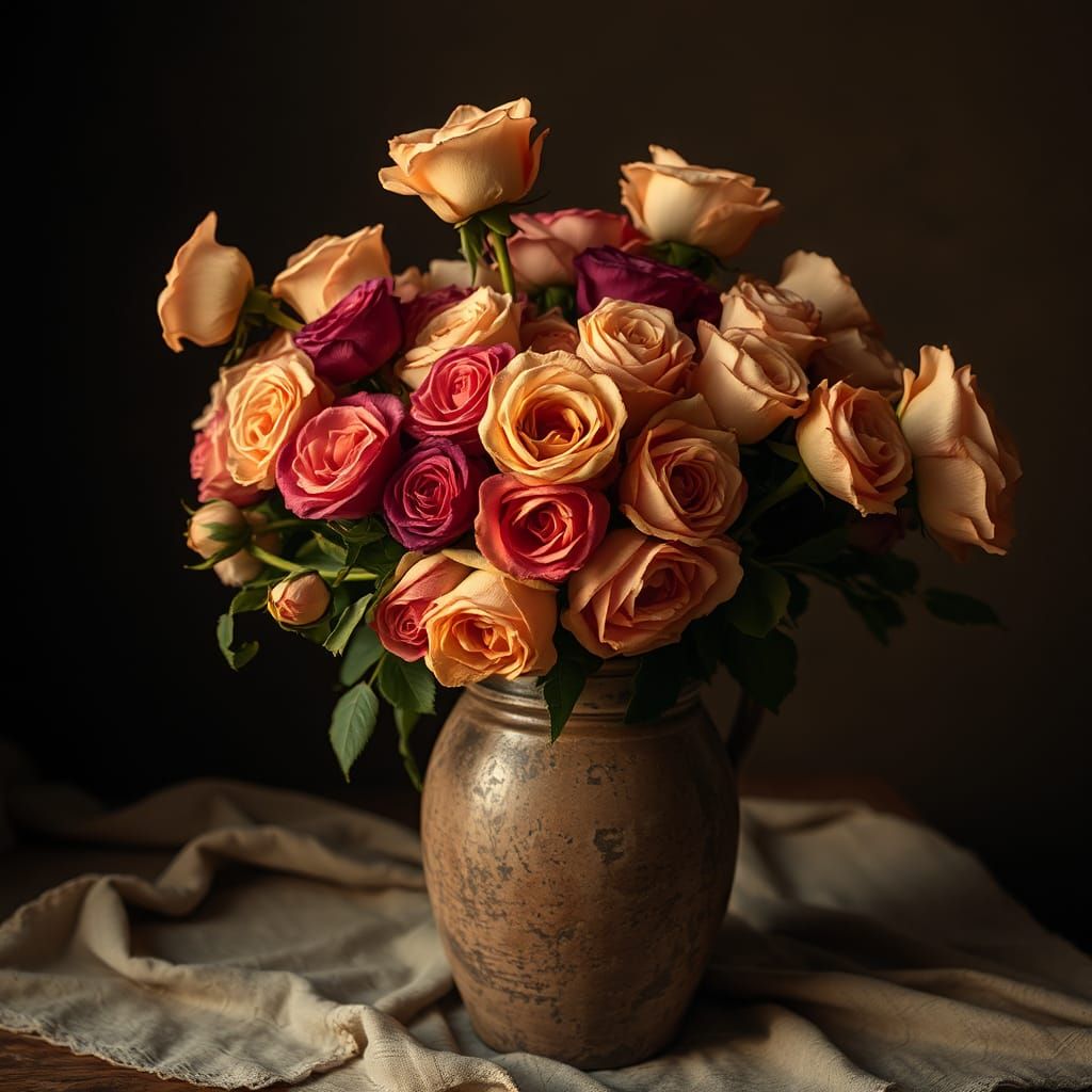 Dramatic Roses in Earthy Vase as Old Master Still Life