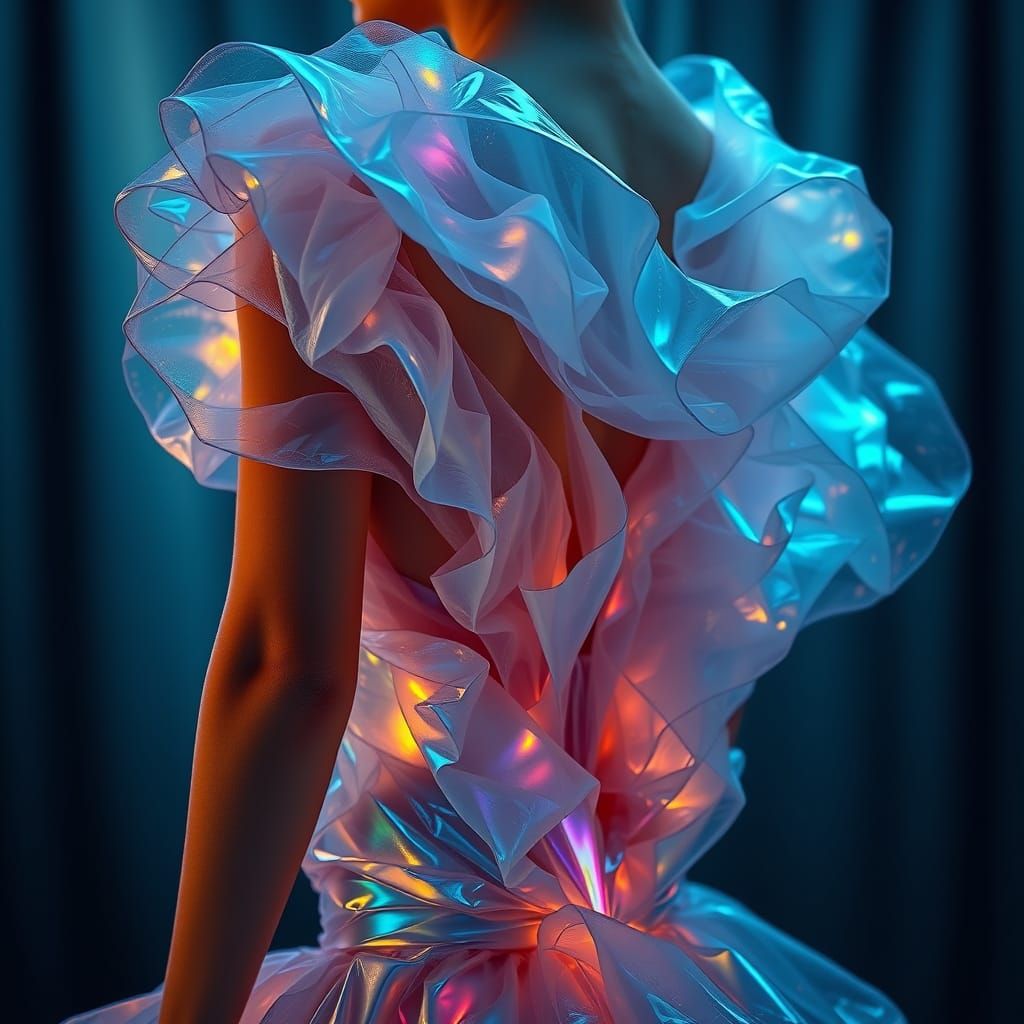 A woman wearing an opal iridescent gown