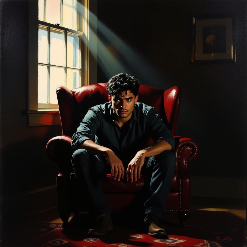 Man Hiding in Dimly Lit House, Atmospheric Oil Painting