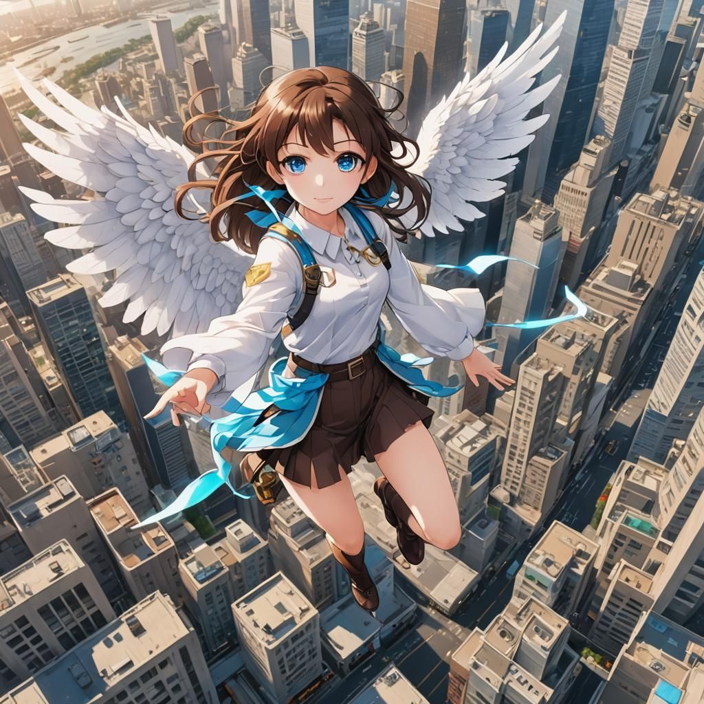 Anime Girl with Angel Wings Over Cityscape