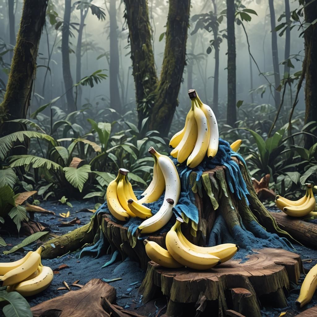Plush Bananas with Blue Sand in Misty Forest