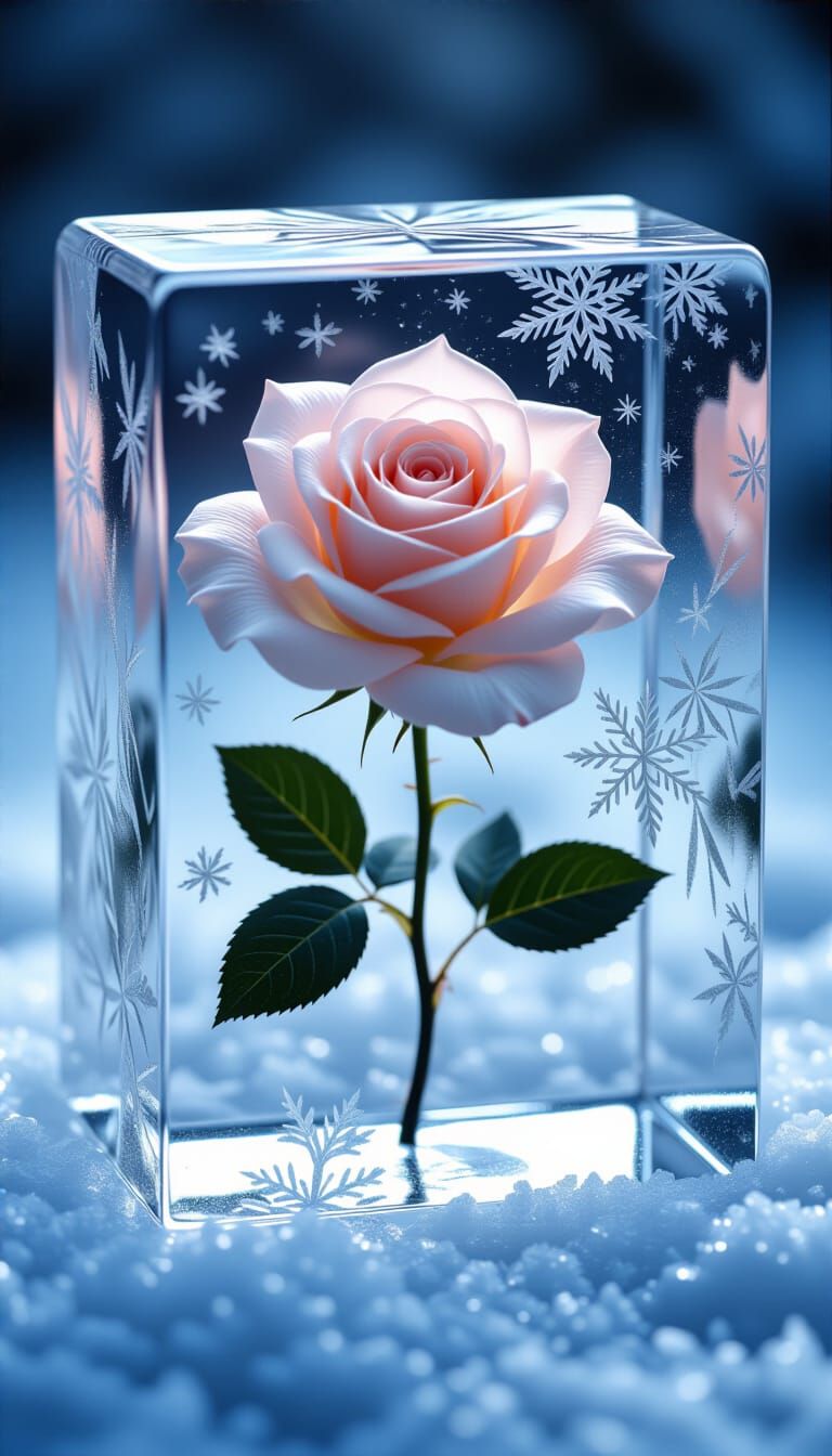 Rose Frozen in Ice Block with Frost Patterns