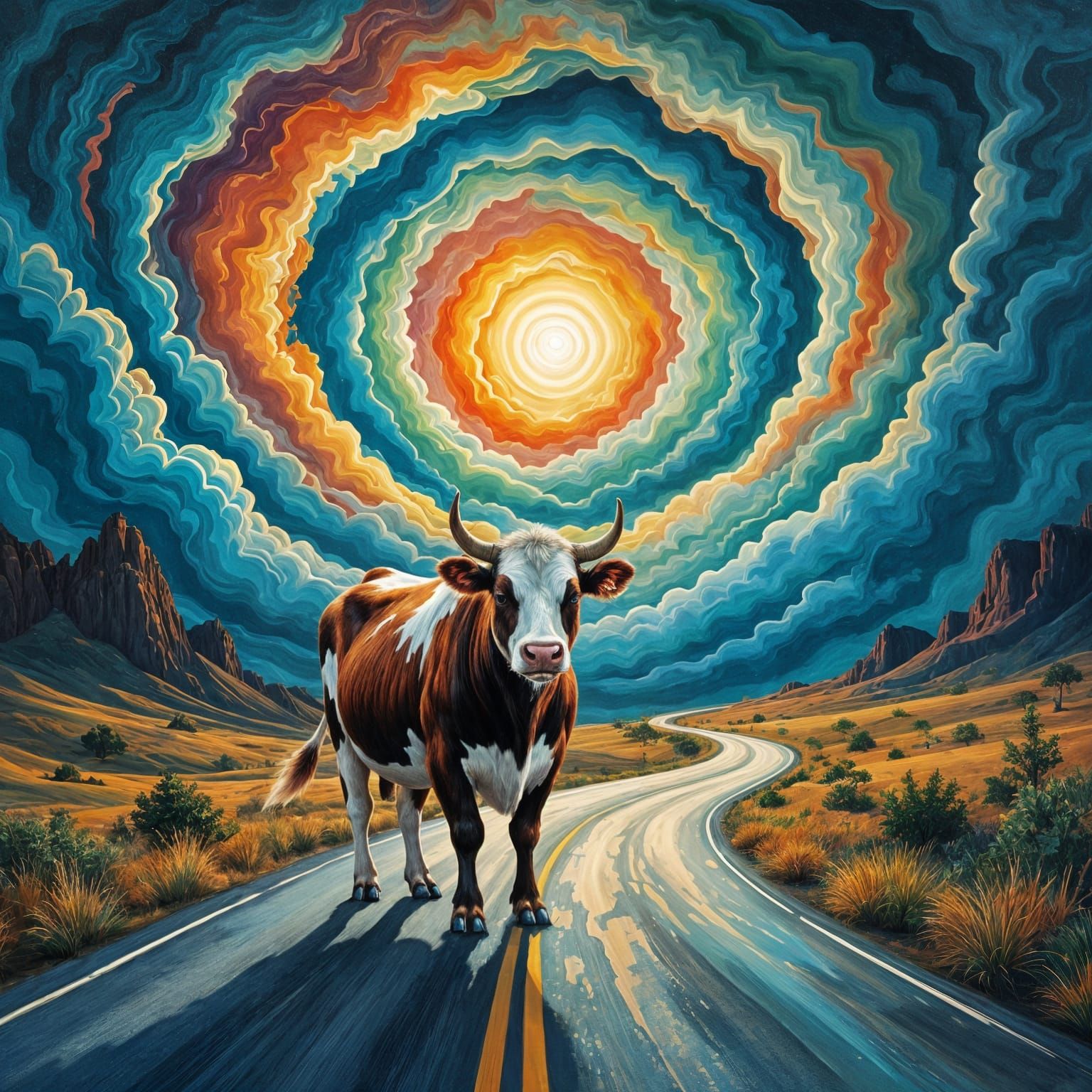 Surreal Cow-Bear Hybrid in Action Painting Style