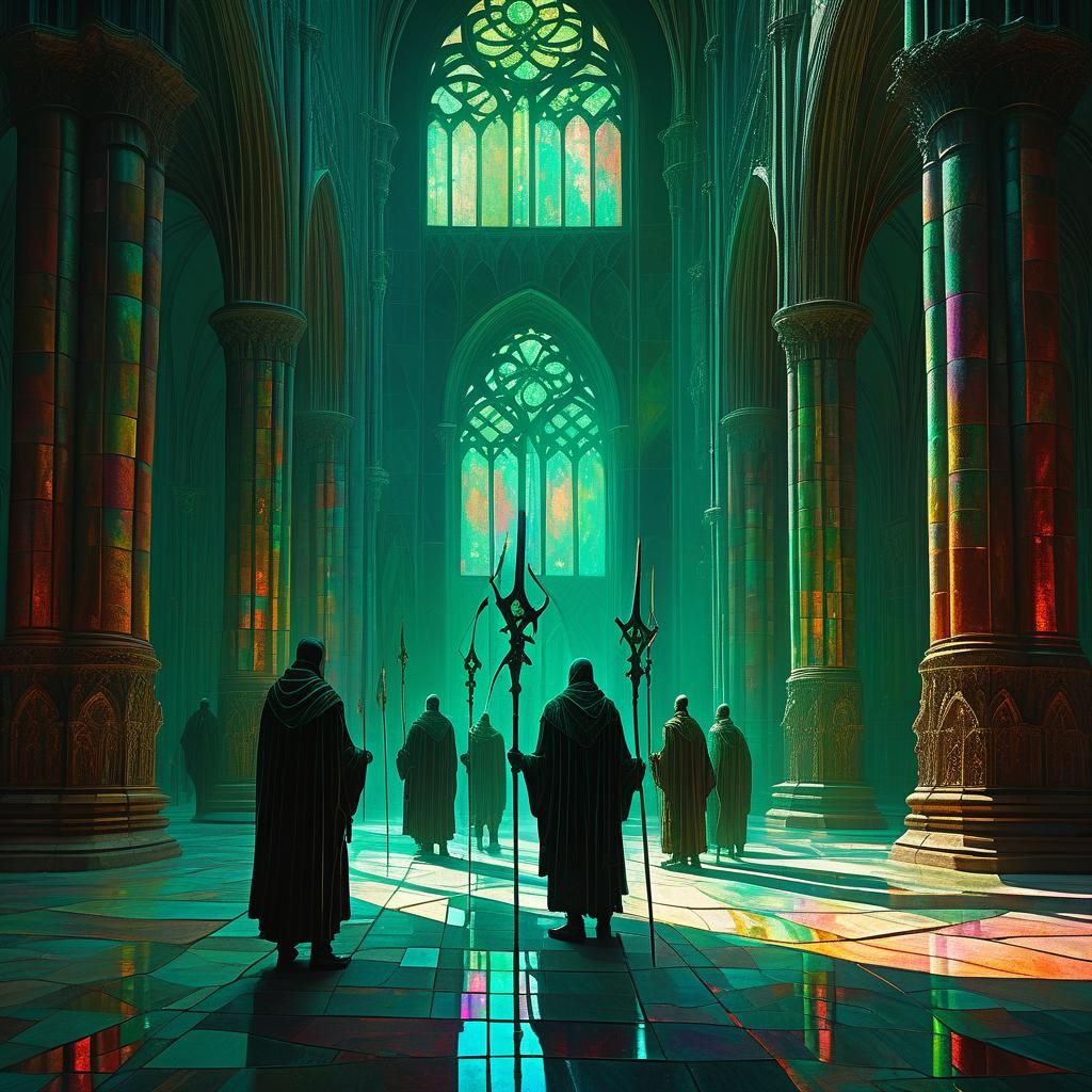 Cathedral Scene with Robed Figures in Fantasy Painting