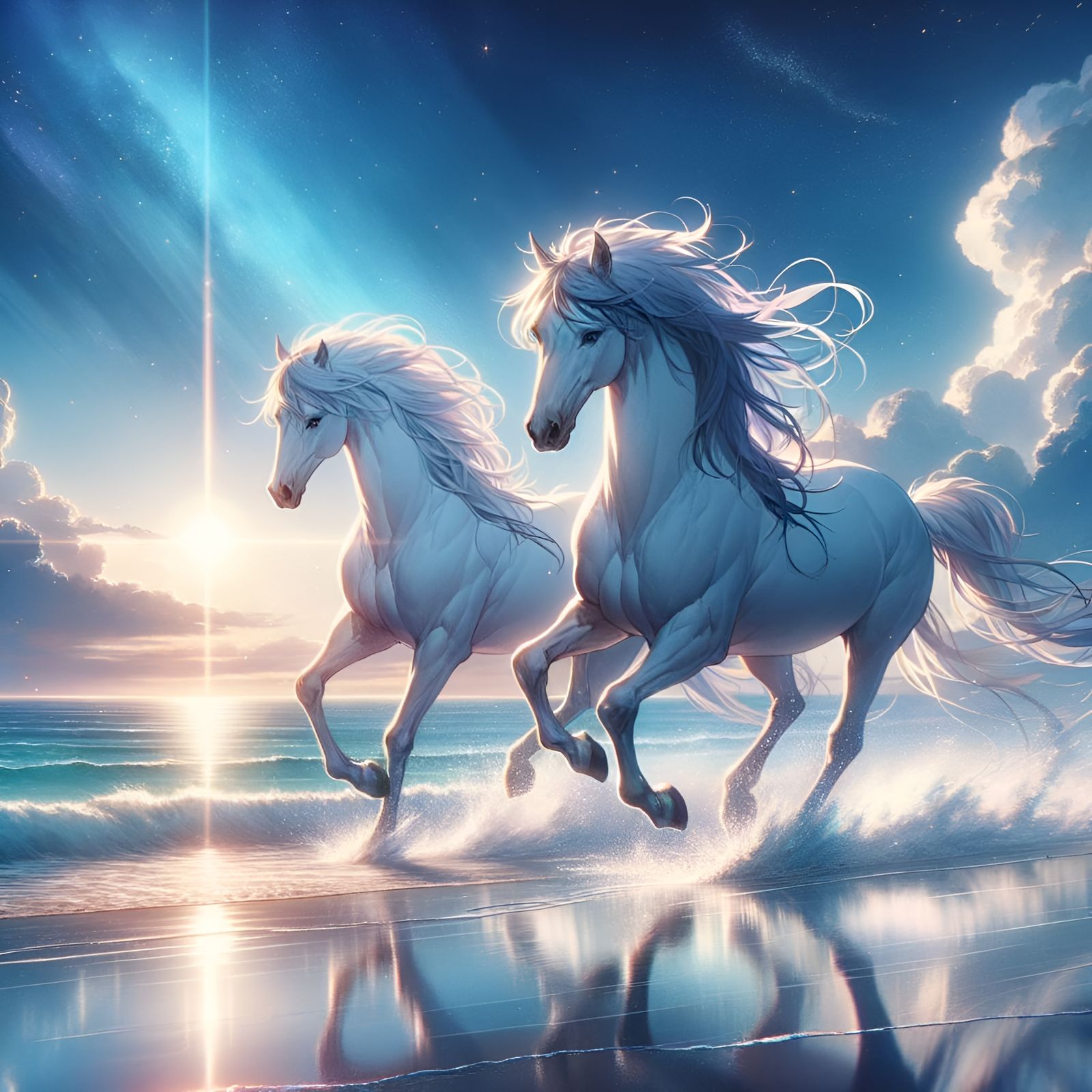 Two White Horses Running on Seashore as Digital Painting