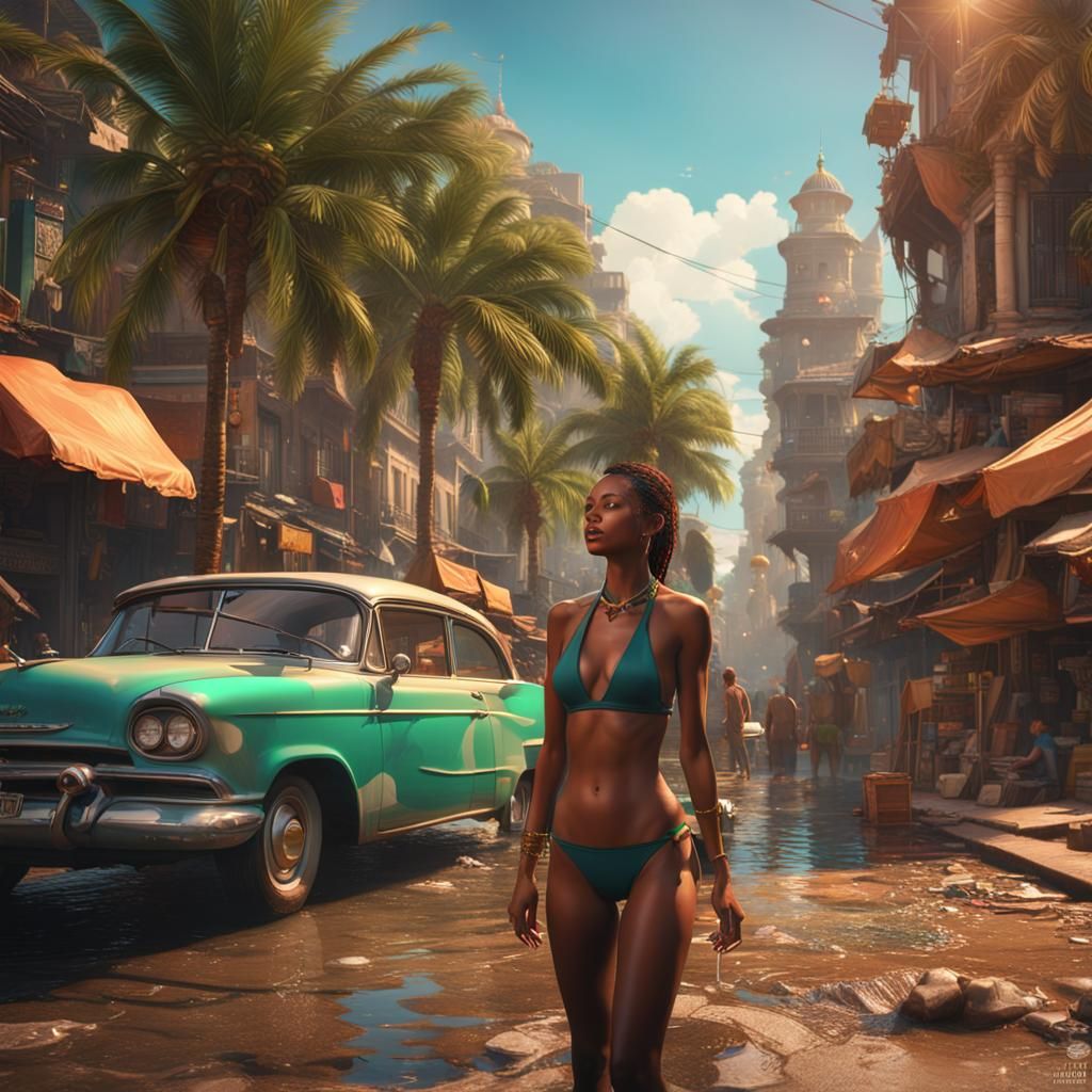 Bikini Model and Salesman: Detailed Matte Painting