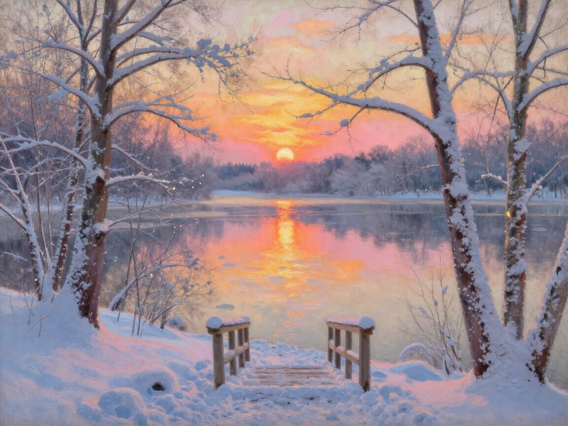 Winter Lake at Dawn Impressionist Painting