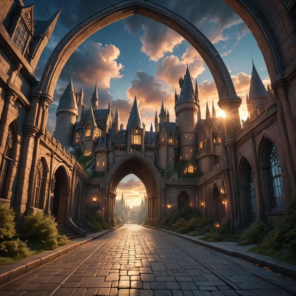 Futuristic Tunnel to Hogwarts at Sunrise: 3D Render