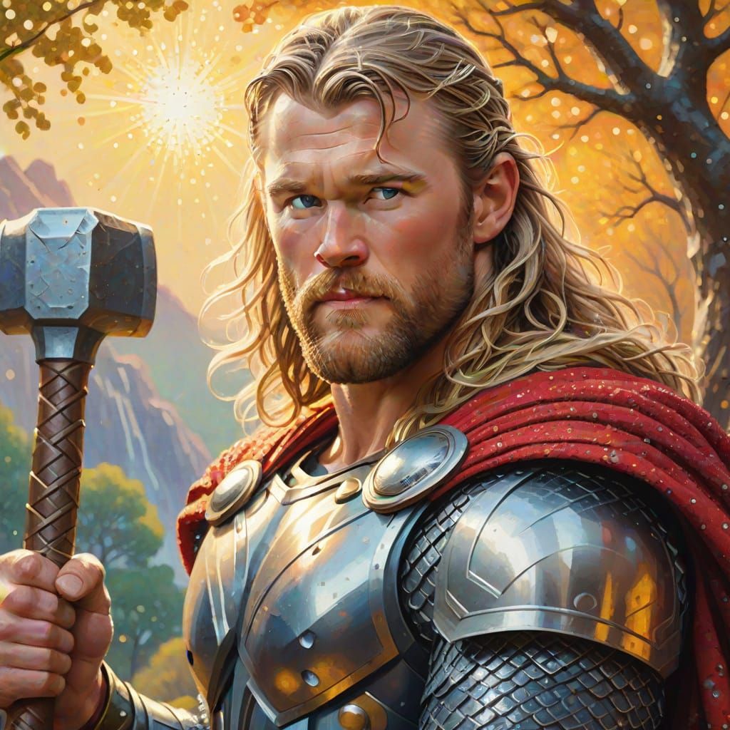 Thor in Mythical Landscape as Pointillist Painting