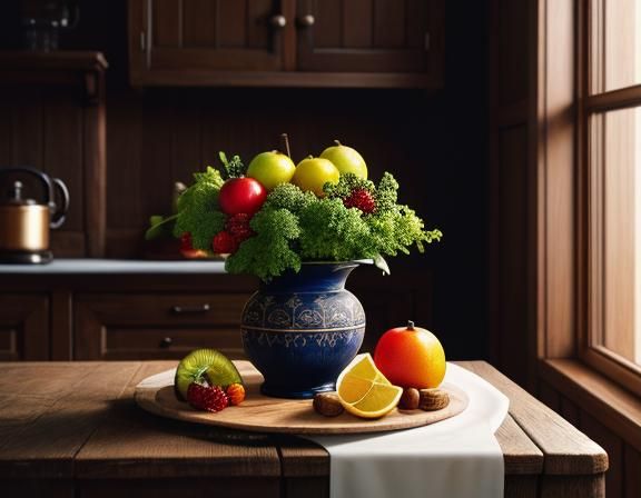 Detailed Food Photo: Fruits on Plate in Kitchen