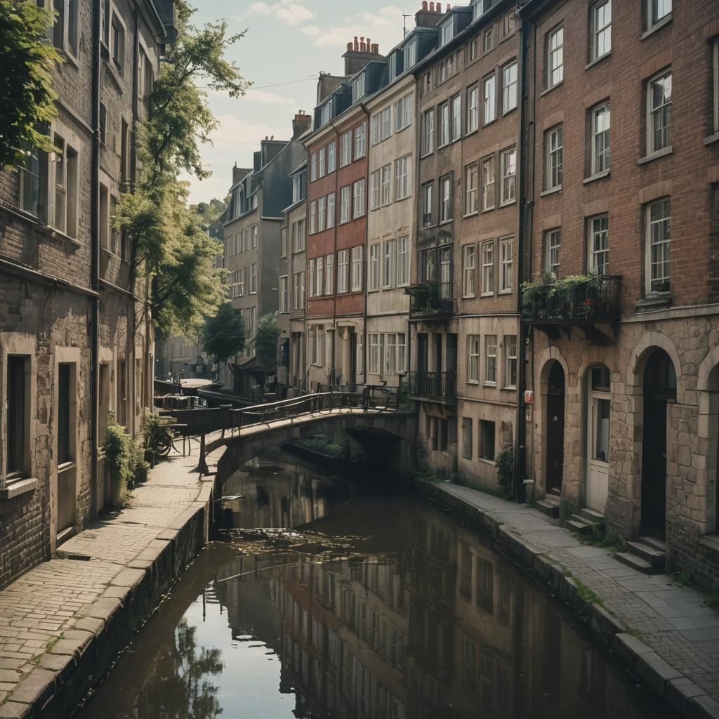 Cinematic Townscape with Waterway and Bridge