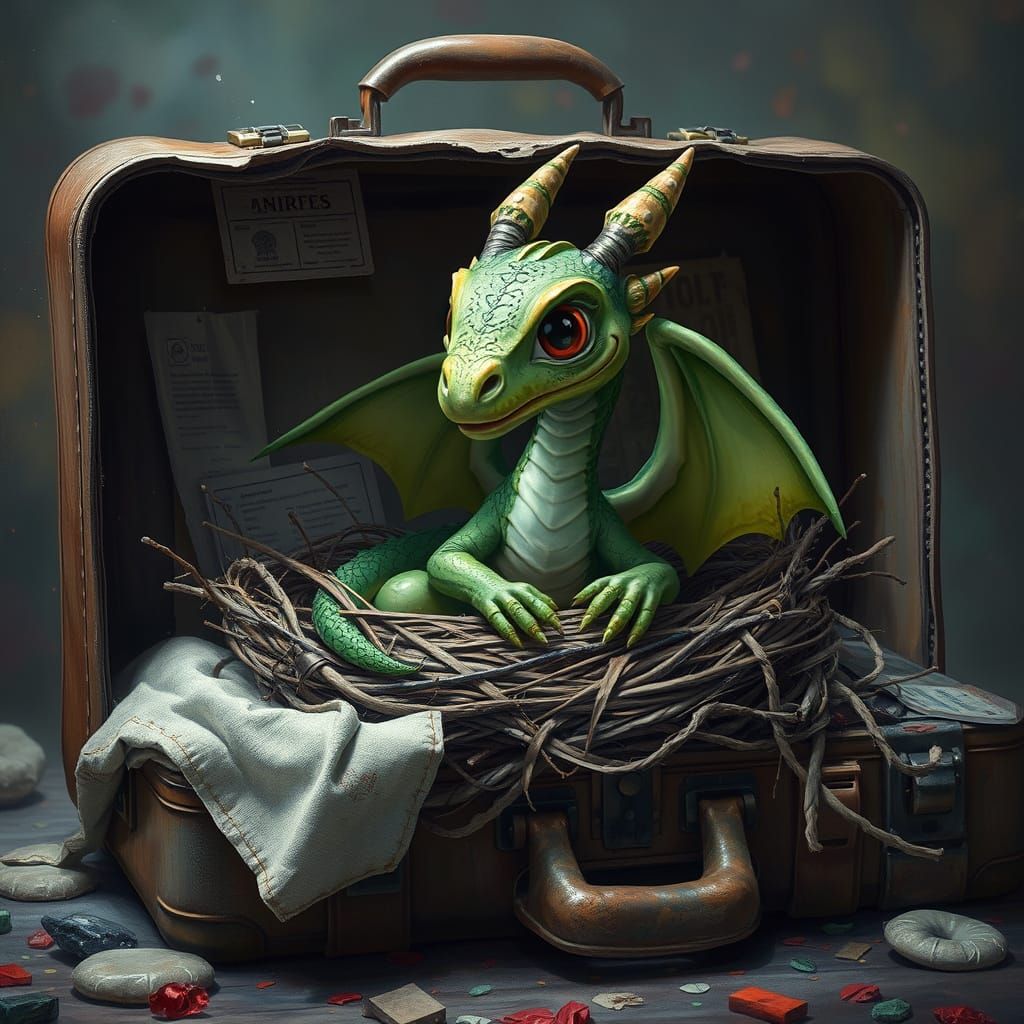 Green Dragon in Torn Suitcase - Hyperrealistic Concept Art