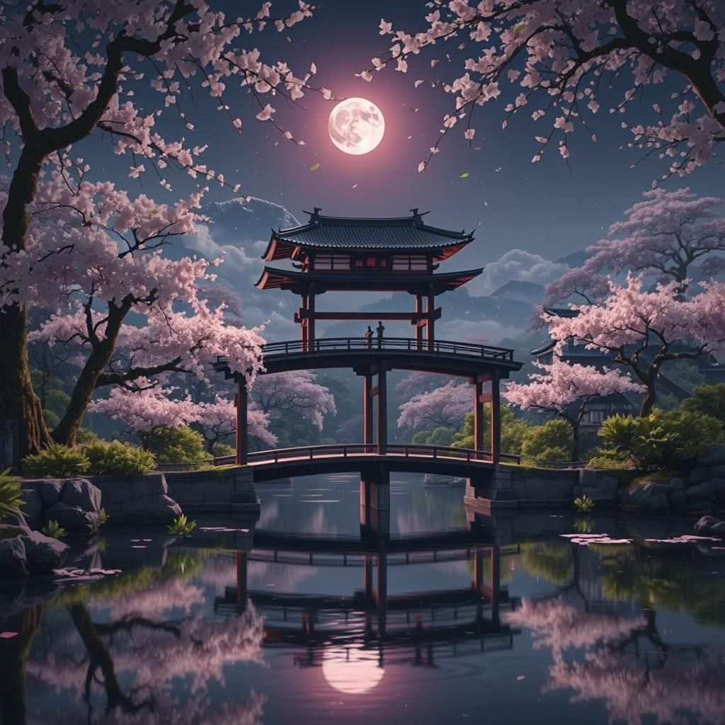 Edo Compound and Sakura Trees in Moonlit Night