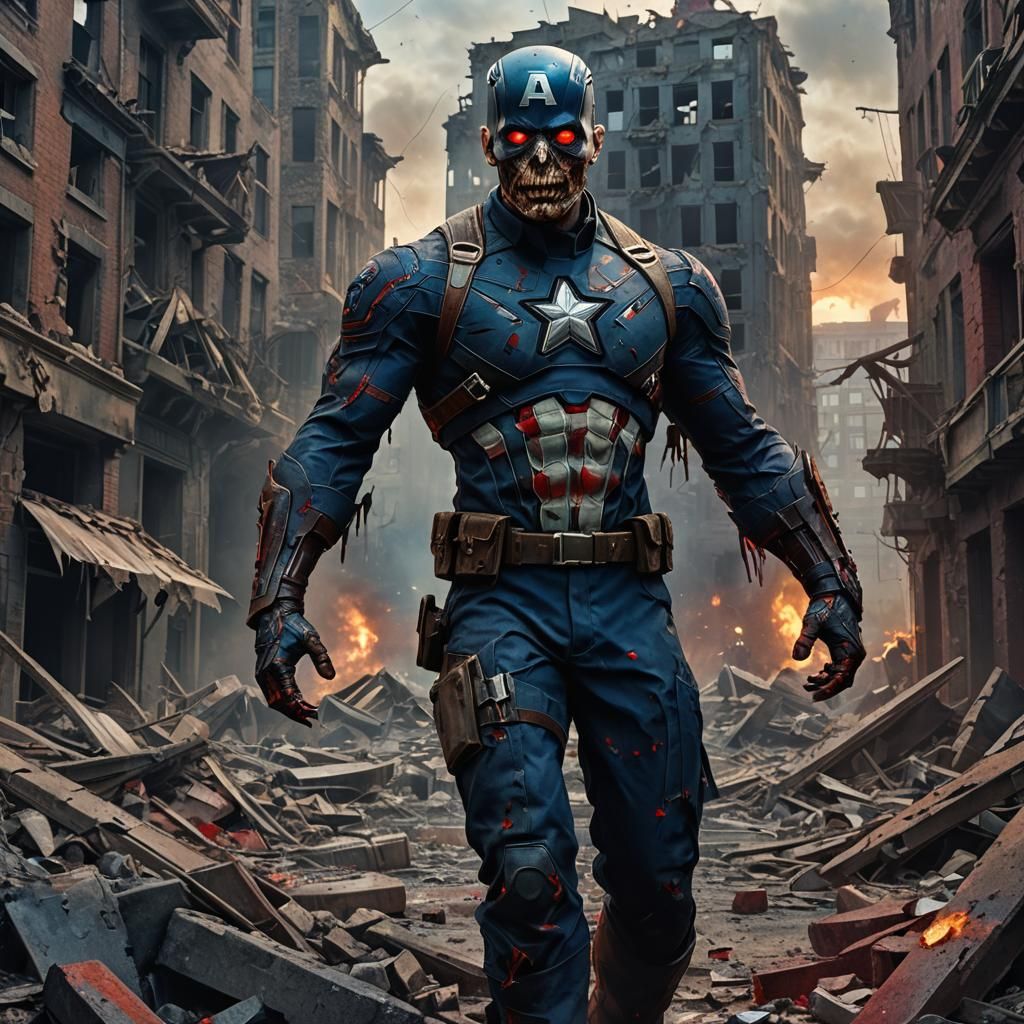 Zombie Captain America in Ruined City: Dark Fantasy Art