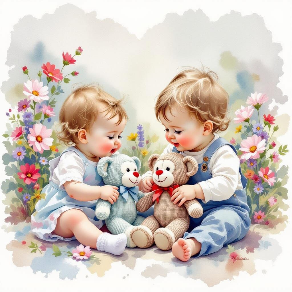 Ethereal Watercolour of Siblings with Sock Monkeys