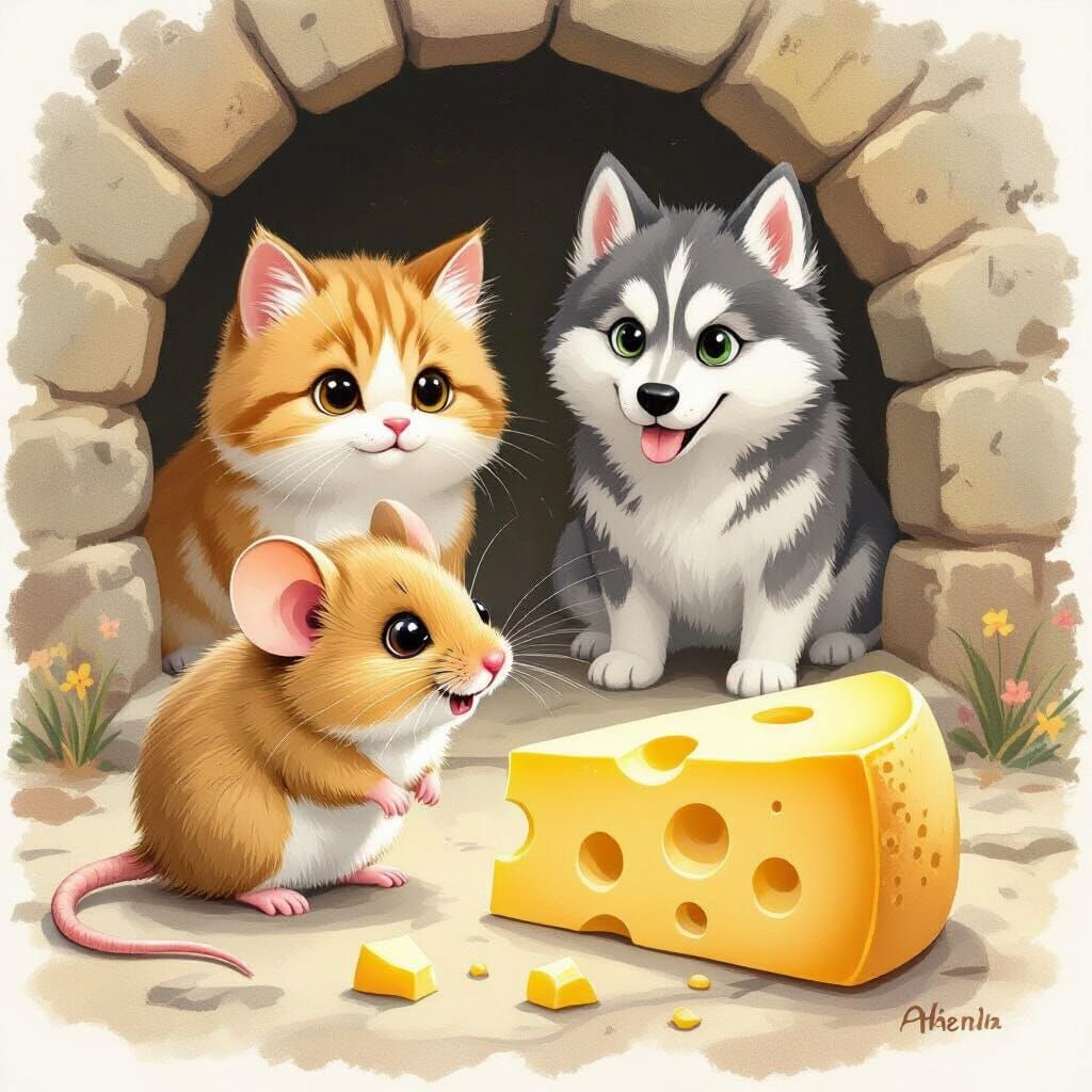 Whimsical Children's Book Illustration: Mouse, Cat, and Dog